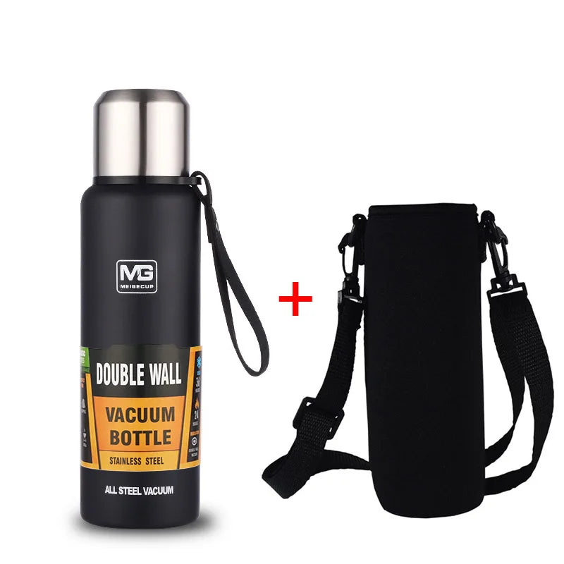 Gourde en inox 500 ml à 1,5 L isotherme — 750 ml Noir avec housse