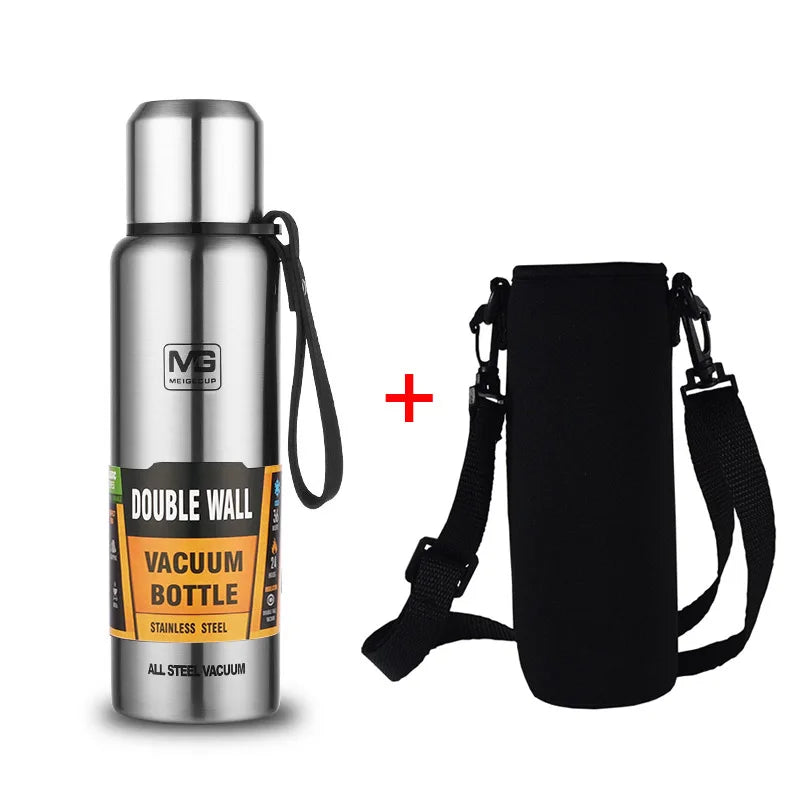 Gourde en inox 500 ml à 1,5 L isotherme — 1,5 L Argent avec housse