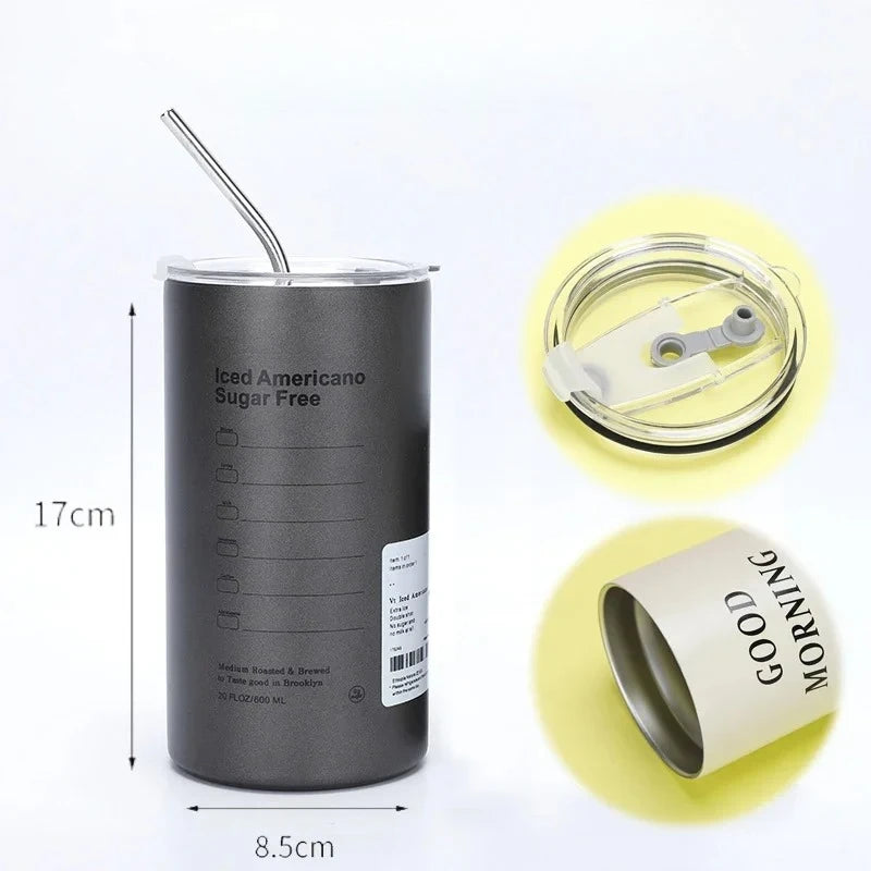 Gourde à café en inox 360 ml à 600 ml à paille — Noir