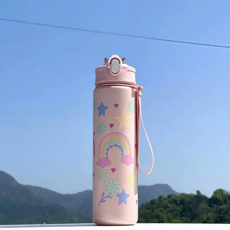 Gourde enfant en silicone 750 ml à paille — Rose et Multicolore