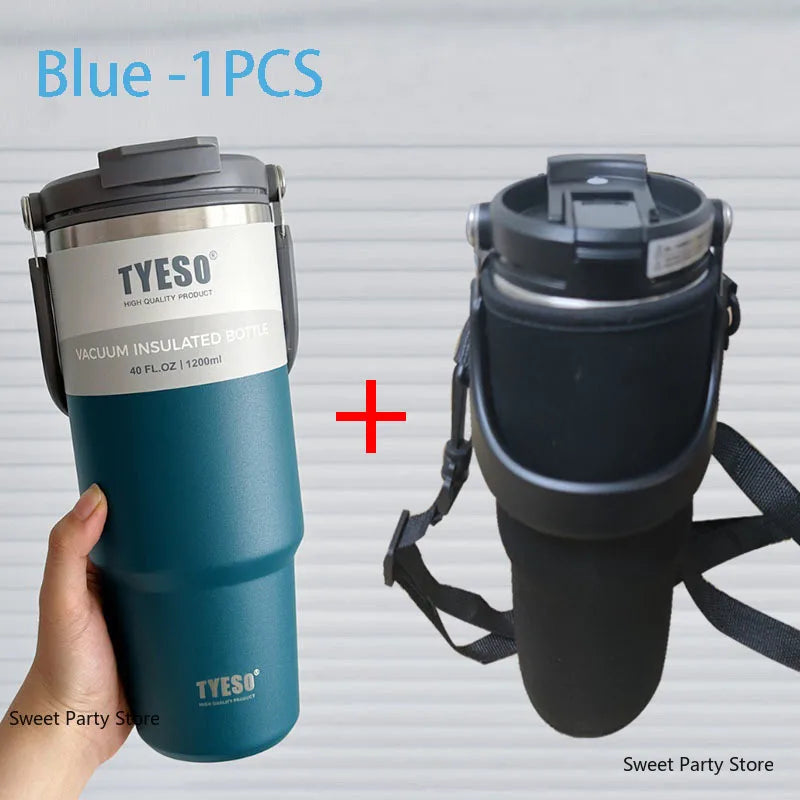 Gourde en inox 600 ml à 1,2 L isotherme — 1,1 L Bleu avec housse