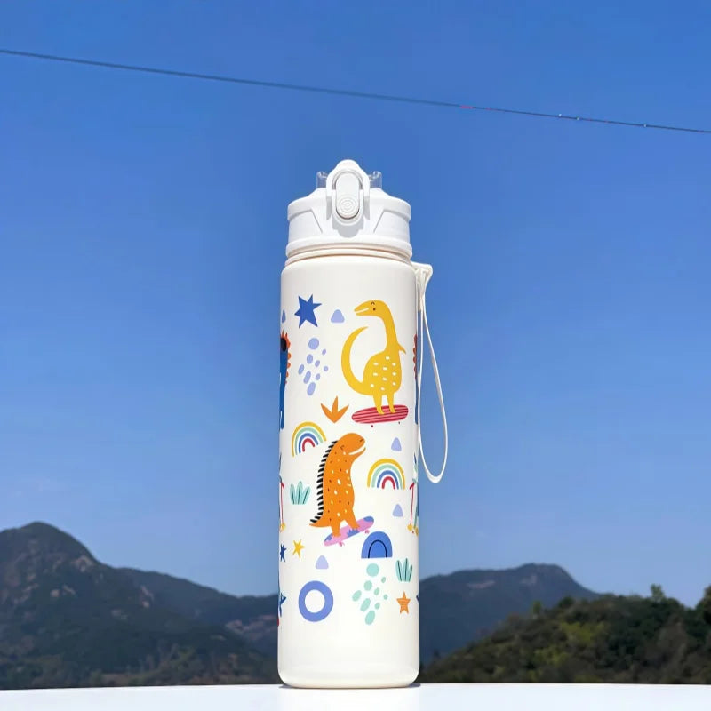 Gourde enfant en silicone 750 ml à paille — Blanc et Dinosaure
