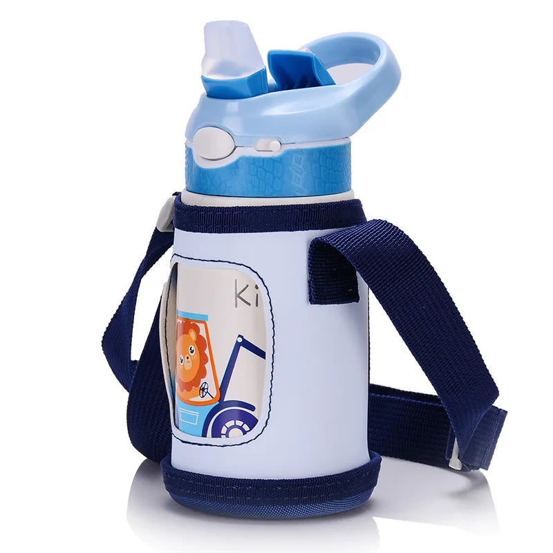 Gourde enfant en inox 400 ml à paille — Bleu avec housse