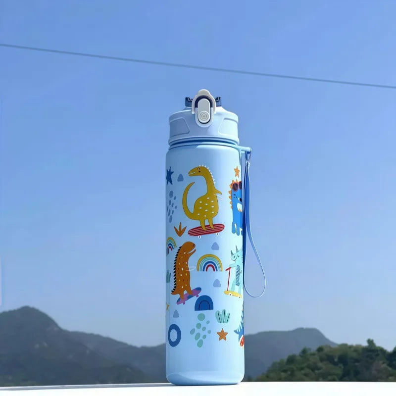 Gourde enfant en silicone 750 ml à paille — Bleu et Dinosaure