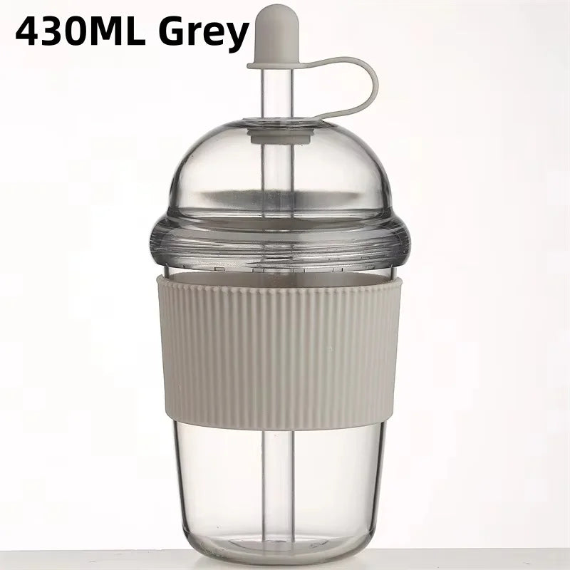 Gourde à café en plastique sans BPA 430 ml à paille — Gris