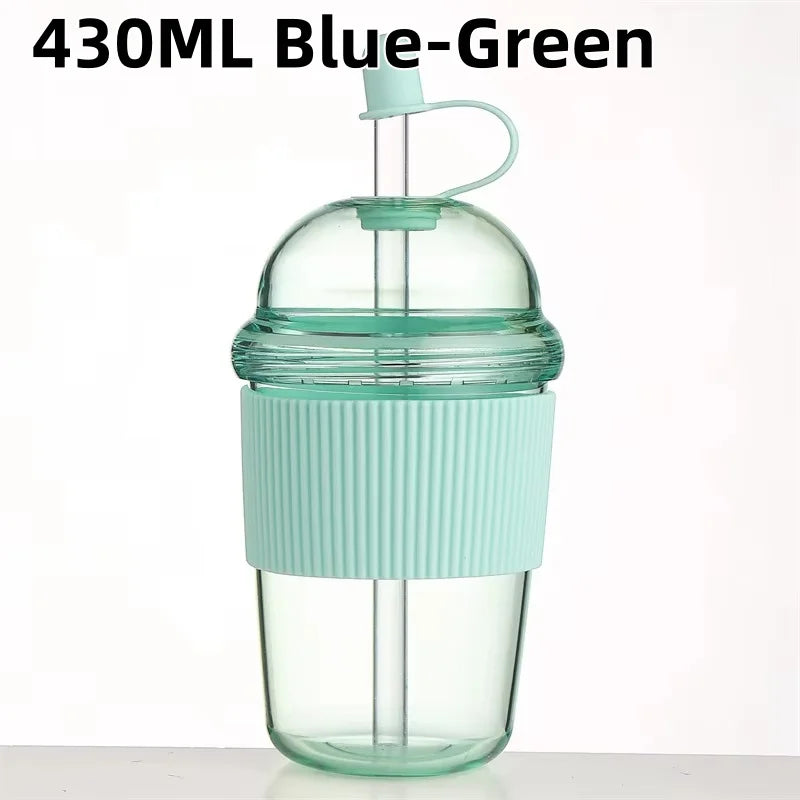 Gourde à café en plastique sans BPA 430 ml à paille — Bleu et Vert