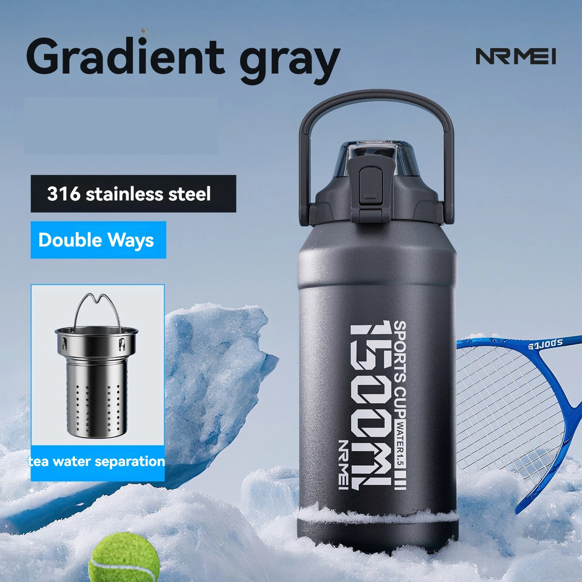 Gourde en inox 1 L à 2 L à paille — Gris