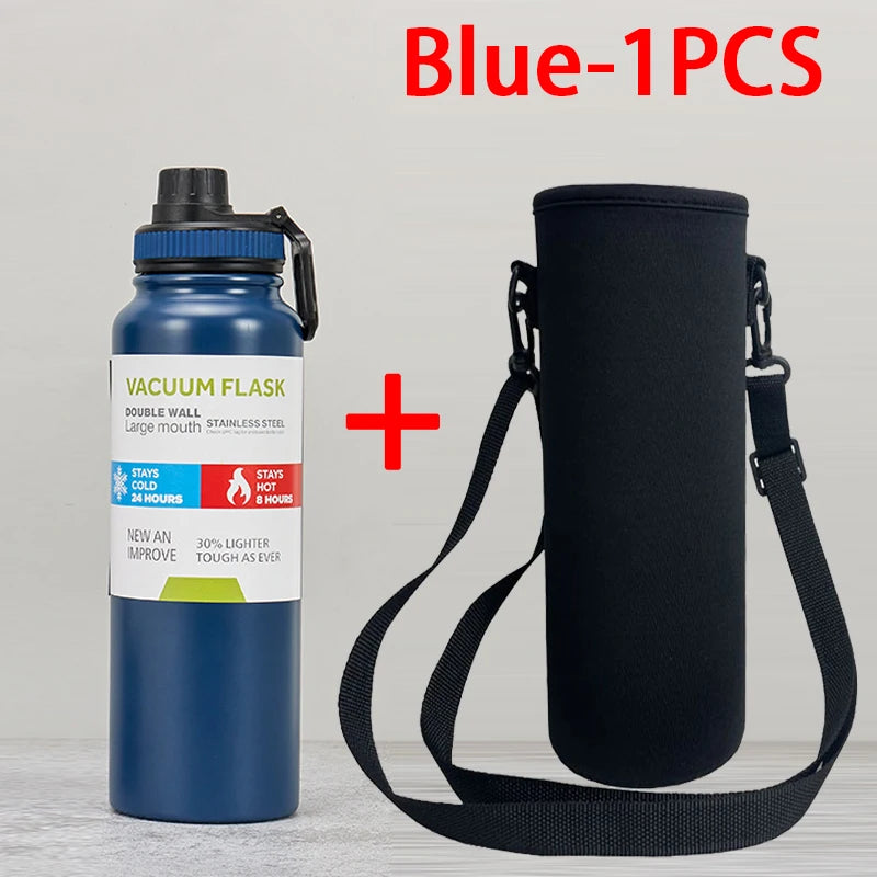 Gourde de sport en inox 600 ml à 1 L isotherme — 800 ml Bleu avec housse