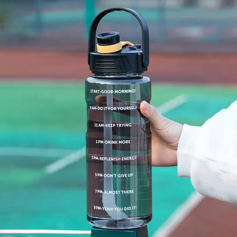 Gourde de sport en plastique sans BPA 1,5 L à 3 L à paille graduée — 3 L Noir