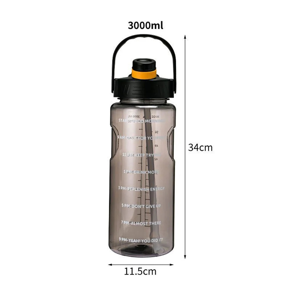 Gourde de sport en plastique sans BPA 1,5 L à 3 L à paille à cordelette — Noir