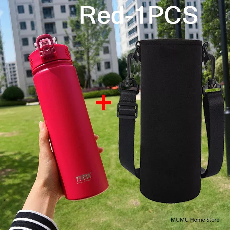 Gourde de sport en inox 600 ml à 750 ml à paille — 600 ml Rouge avec housse