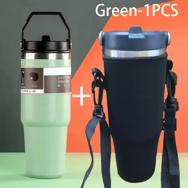 Gourde de sport en inox 590 ml à 890 ml à paille — 600 ml Vert avec housse