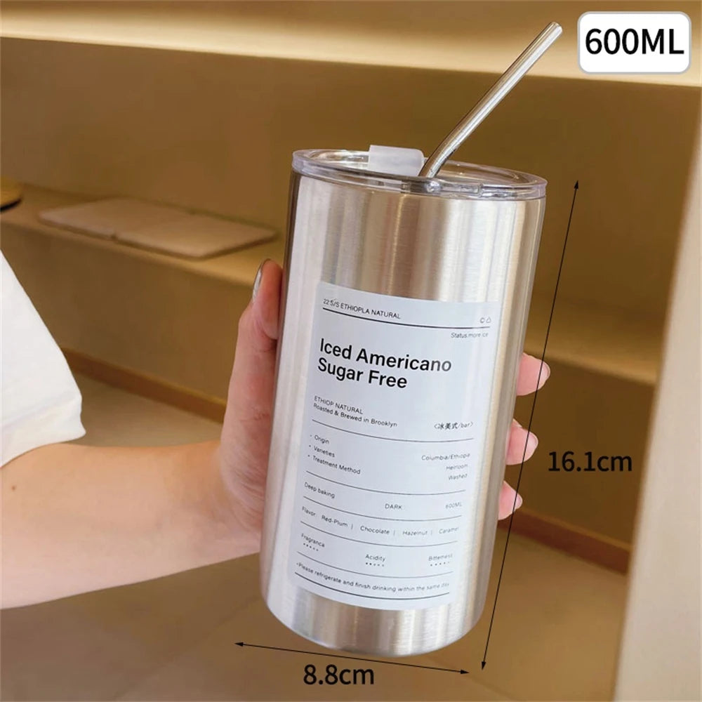 Gourde à café en inox 600 ml à 700 ml à paille — Blanc