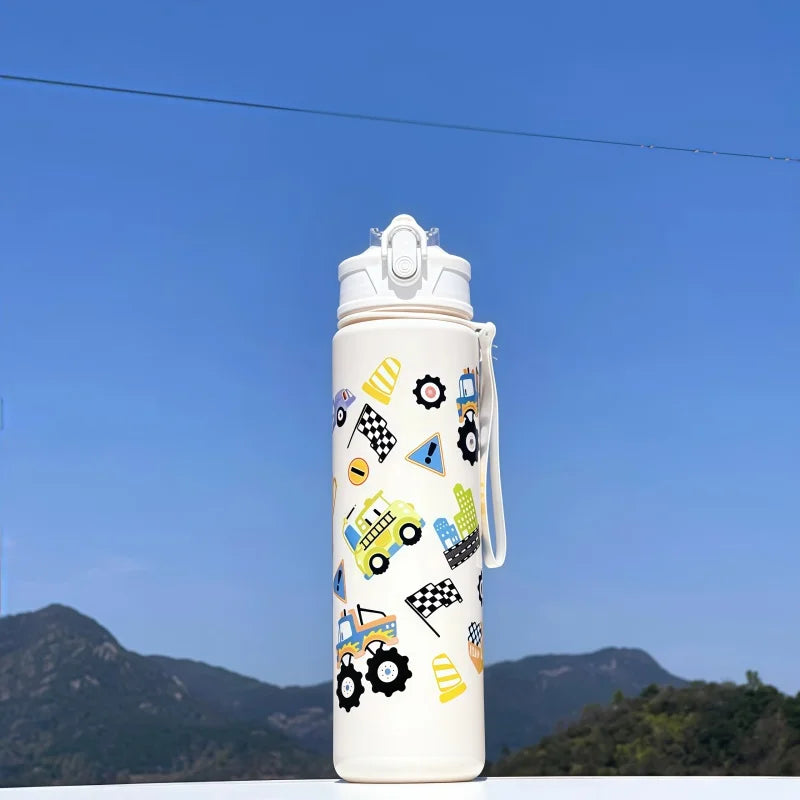 Gourde enfant en silicone 750 ml à paille — Blanc et Voiture