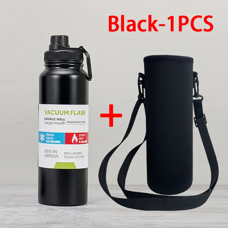 Gourde de sport en inox 600 ml à 1 L isotherme — 600 ml Noir avec housse