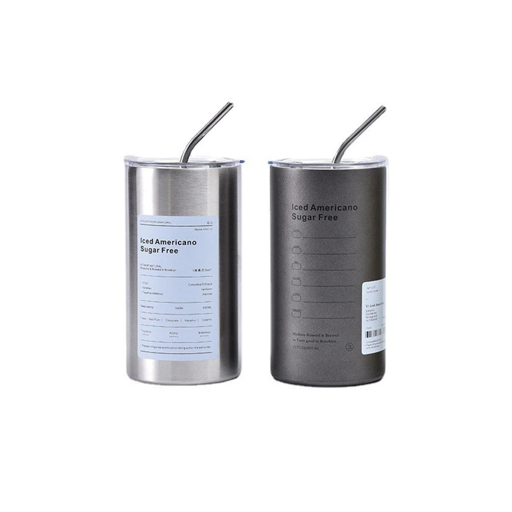 Gourde à café en inox 600 ml à 700 ml à paille — Blanc et Gris and