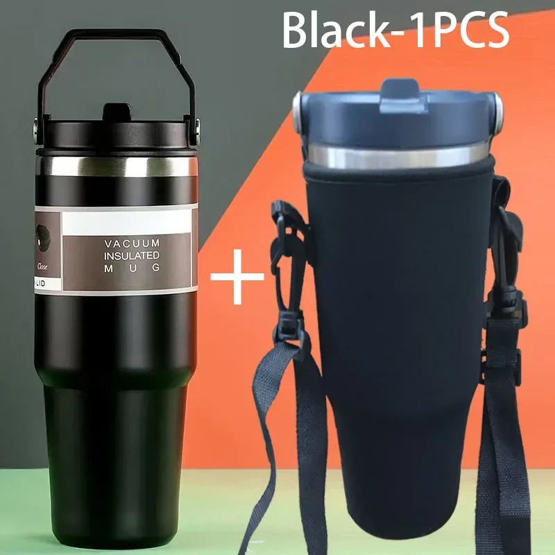 Gourde de sport en inox 590 ml à 890 ml à paille — 600 ml Noir avec housse