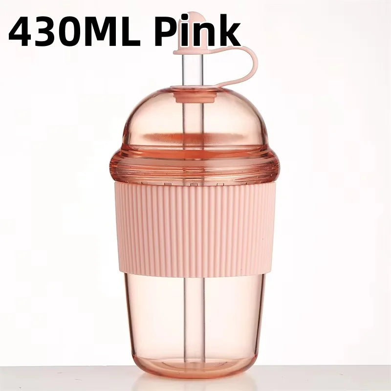 Gourde à café en plastique sans BPA 430 ml à paille — Rose