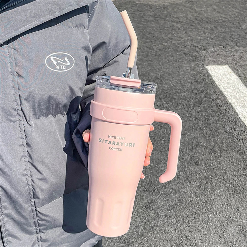 Gourde de sport en inox 1,1 L à 1,6 L à paille — Rose