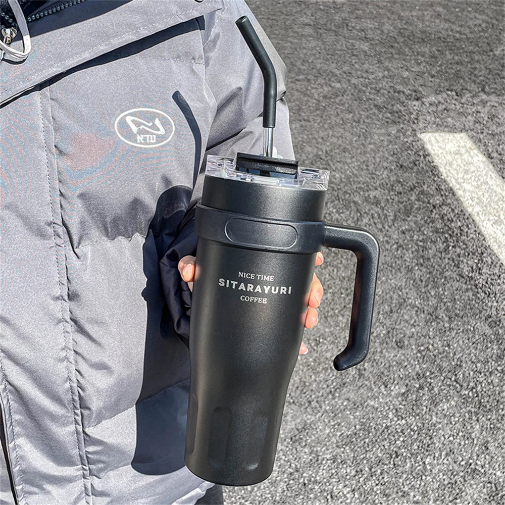 Gourde de sport en inox 1,1 L à 1,6 L à paille — Noir