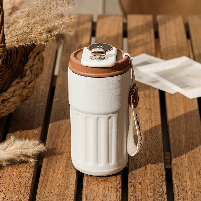 Gourde à café en inox 450 ml à affichage de température — 6 coloris — Blanc et Café
