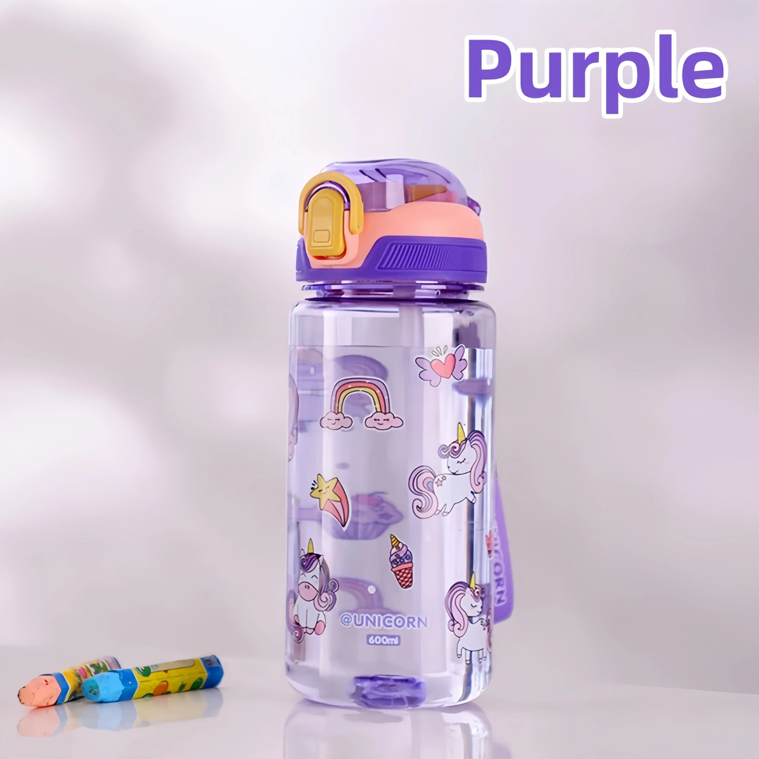 Gourde enfant en silicone 600 ml à paille — Violet