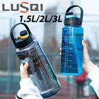 Gourde de sport en plastique sans BPA 1,5 L à 3 L à paille graduée