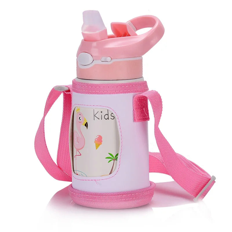 Gourde enfant en inox 400 ml à paille — Rose avec housse