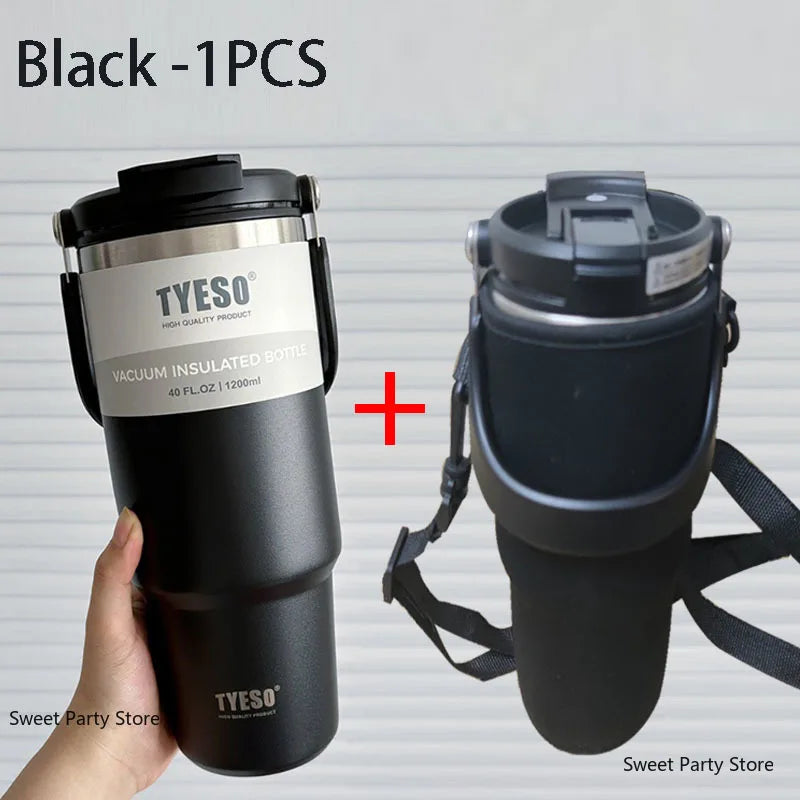 Gourde en inox 600 ml à 1,2 L isotherme — 900 ml Noir avec housse