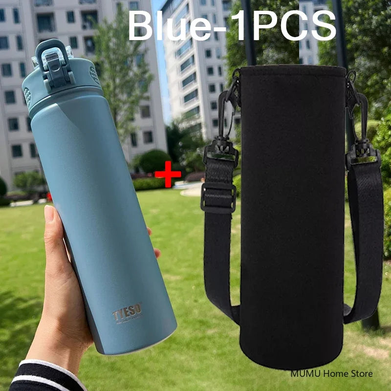 Gourde de sport en inox 600 ml à 750 ml à paille — 600 ml Bleu avec housse