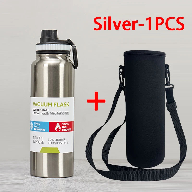 Gourde de sport en inox 600 ml à 1 L isotherme — 800 ml Argent avec housse
