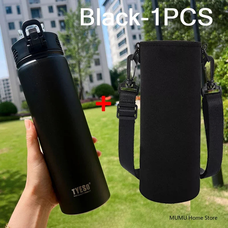 Gourde de sport en inox 600 ml à 750 ml à paille — 600 ml Noir avec housse