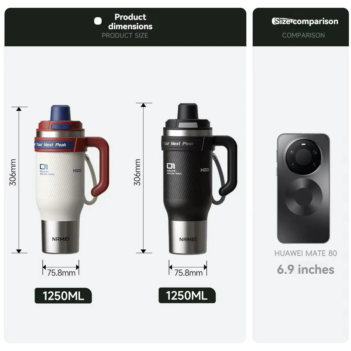 Gourde en inox 1,3 L à paille