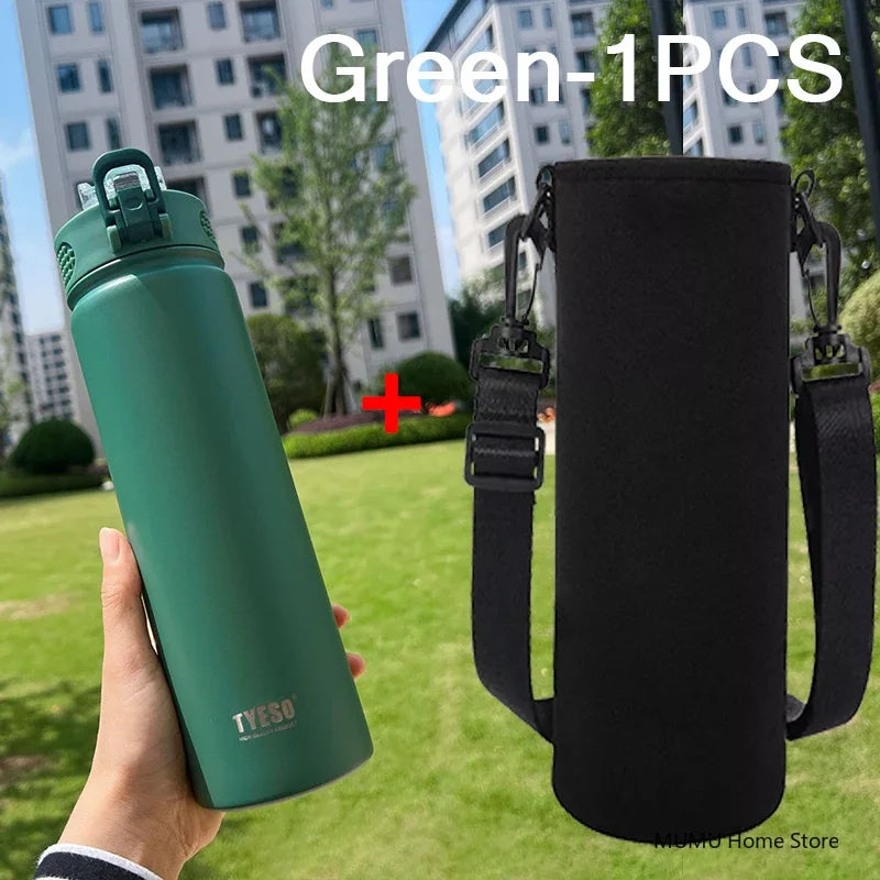 Gourde de sport en inox 600 ml à 750 ml à paille — 600 ml Vert avec housse
