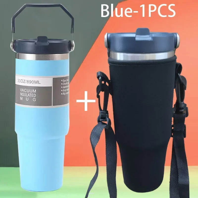 Gourde de sport en inox 590 ml à 890 ml à paille — 600 ml Bleu avec housse
