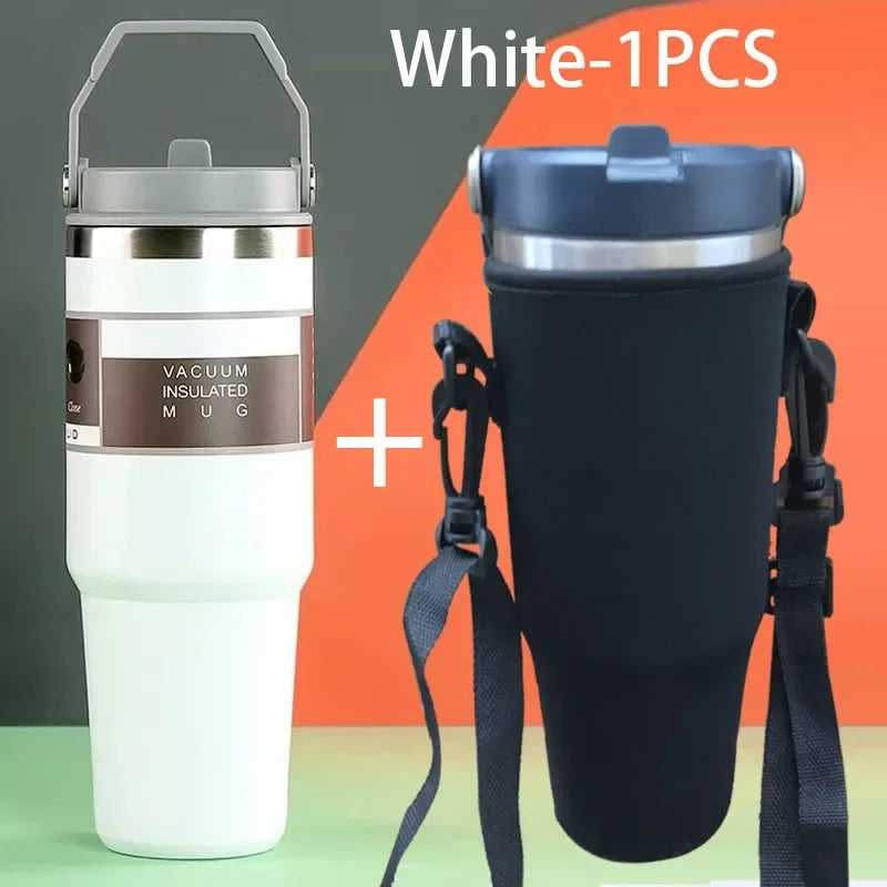 Gourde de sport en inox 590 ml à 890 ml à paille — 600 ml Blanc avec housse
