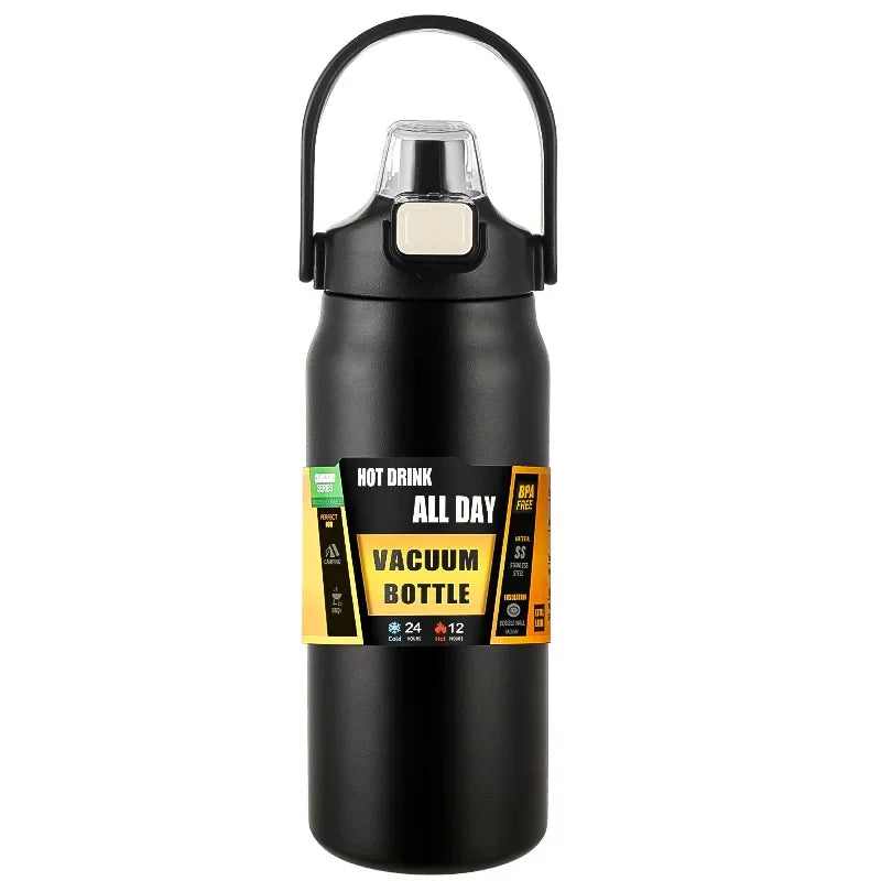 Gourde de sport en inox 800 ml à 1,5 L à paille — 1,5 L Noir