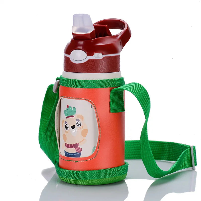 Gourde enfant en inox 400 ml à paille — Rouge avec housse