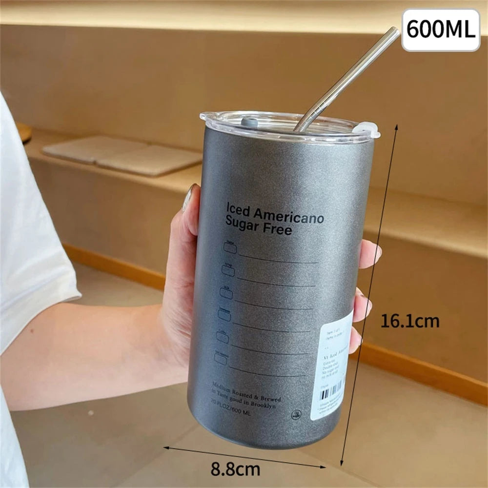 Gourde à café en inox 600 ml à 700 ml à paille — Gris