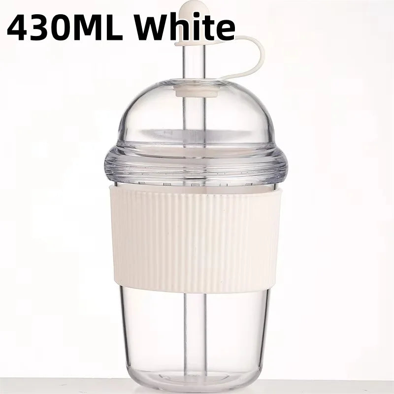 Gourde à café en plastique sans BPA 430 ml à paille — Blanc