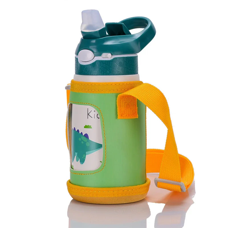 Gourde enfant en inox 400 ml à paille — Vert avec housse