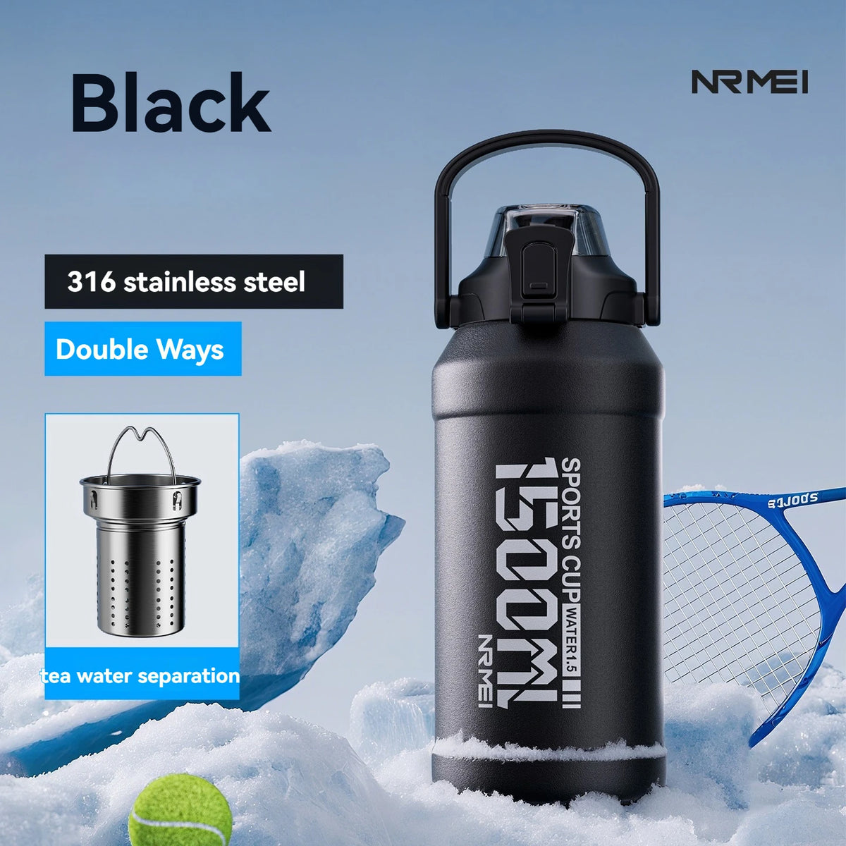 Gourde en inox 1 L à 2 L à paille — Noir